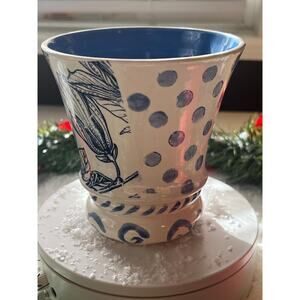 Blue & White Floral Pottery Tumbler, Makeup Brush Holder/Leaves-PolkDots